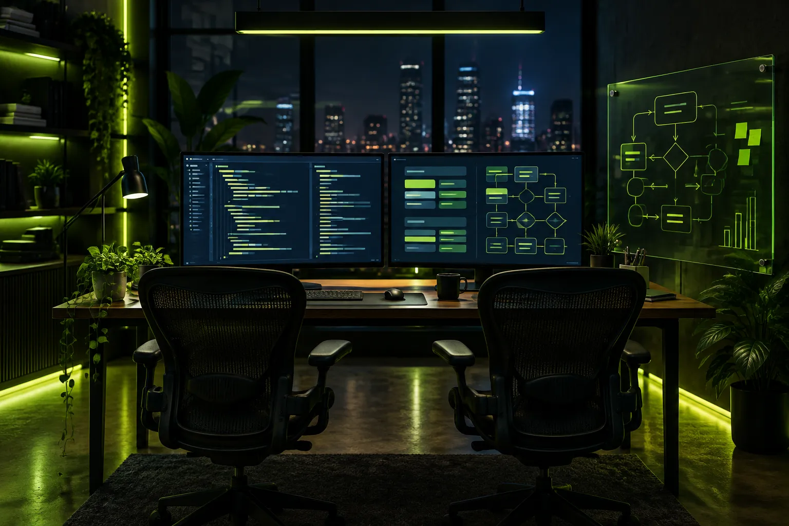 Estudio de desarrollo de noche con dos puestos de trabajo, monitores con código y un tablero de estrategia